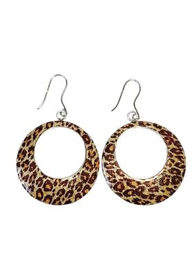 Sterling Silver Enamel Leopard Print Open Hoop Dangle Earrings 2"